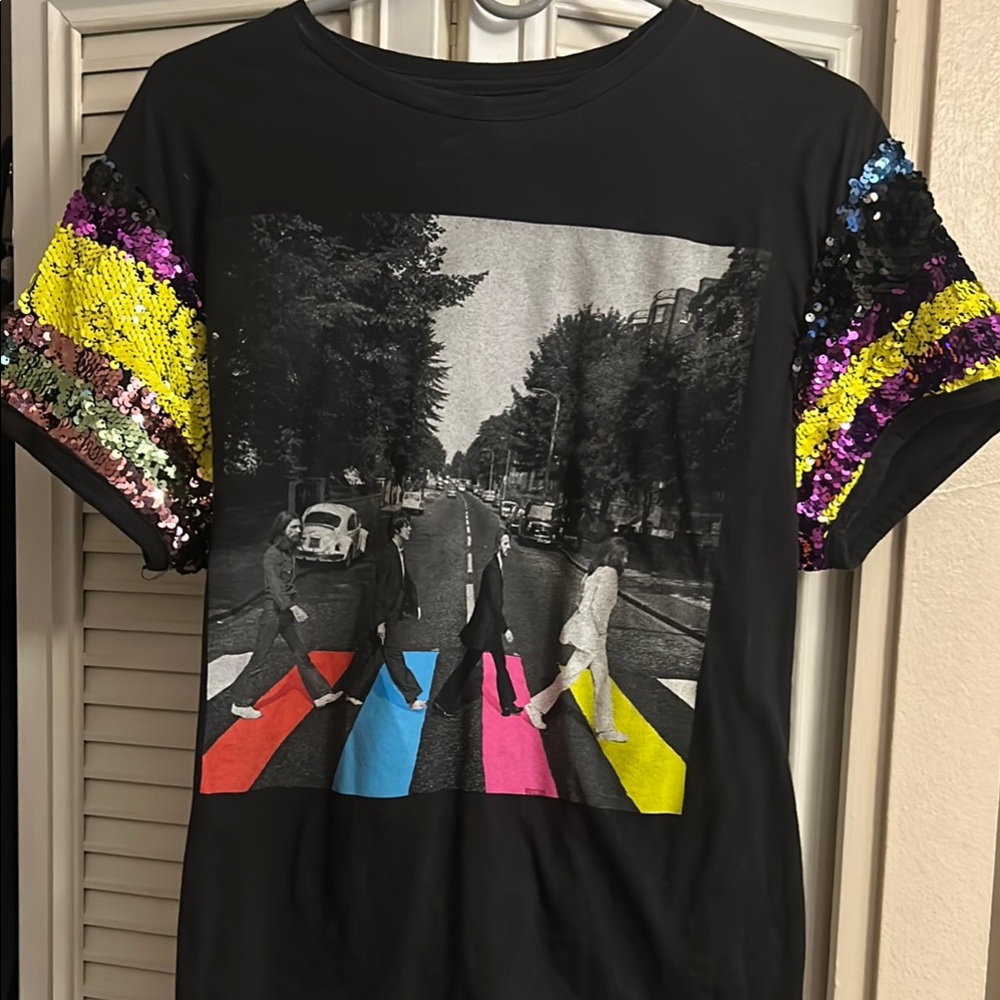 Black Graphic Tee with Sequin Sleeves